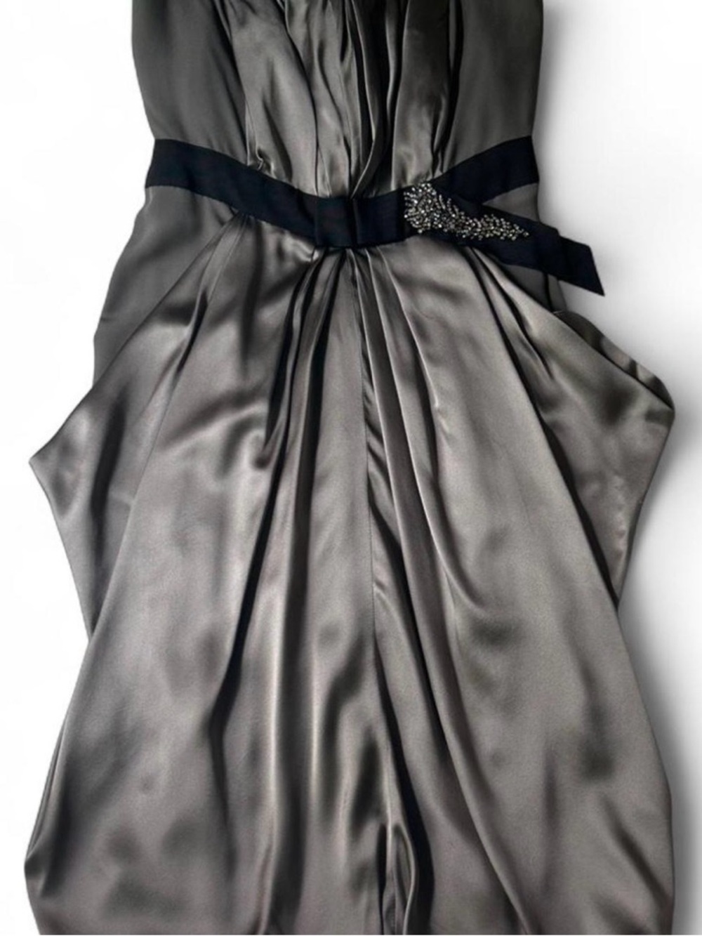 J. Mendel Strapless Satin Gown in Pewter with Black Waist Ribbon